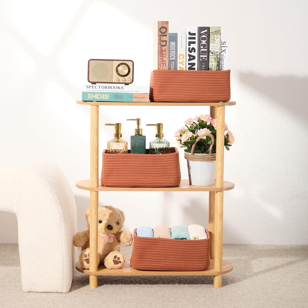 Small Storage Baskets for Organizing | Closet Organizer Bins | Shelf Toy Basket | Woven Rope Baskets | Cube Decorative Box | Shallow Basket | 11.5x7.5x4.7” | 4 Packs Oxide Red