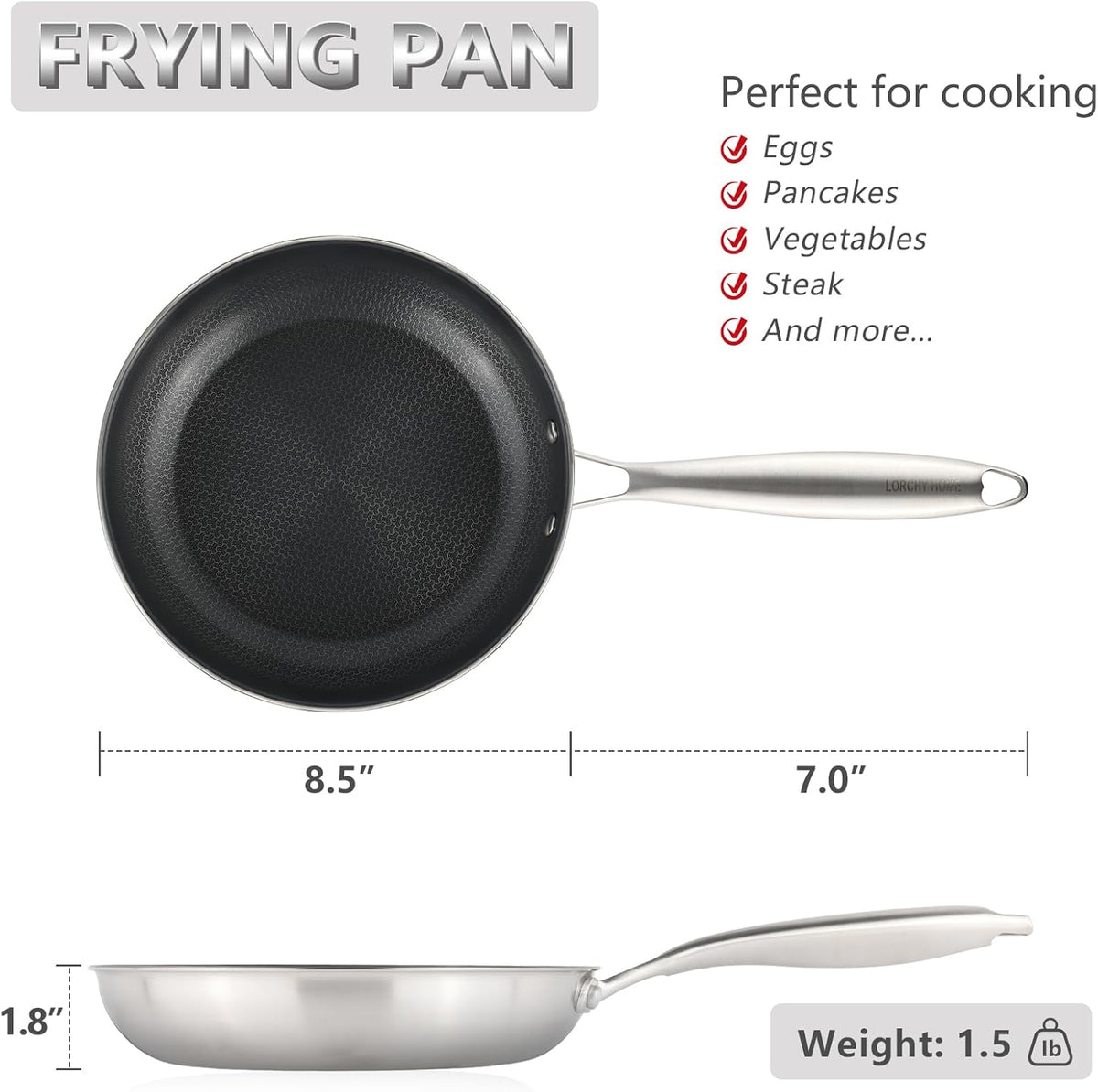 Stainless Steel Nonstick Frying Pan, Hybrid Ceramic 8-Inch Frying Pans, Stay-Cool Handle, PFAS & PFOA PTFE Free, Dishwasher & Oven Safe, Scratch-Resistant, Compatible with Induction & All Cooktops