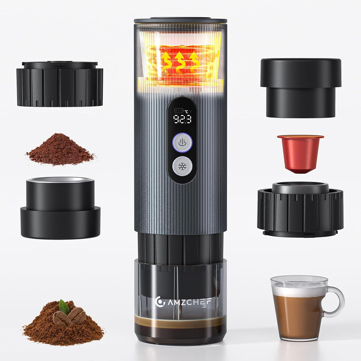 AMZCHEF Portable Espresso Machine w/ 9000mAh Battery & USB-C, 2-in-1 Travel Coffee Maker for Ground/NS Capsules, Car Coffee Machine Self-Heating for Camping, RV, Hiking, Office, Aluminum