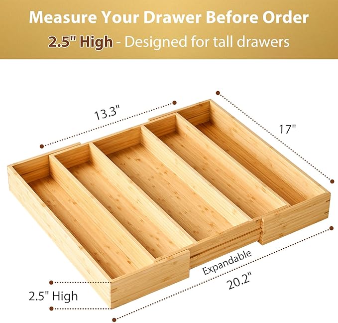 Umilife Expandable Kitchen Drawer Organizer, 2.5" High Bamboo Utensils Silverware Tray, Adjustable Large Deep Wood Organization Holder