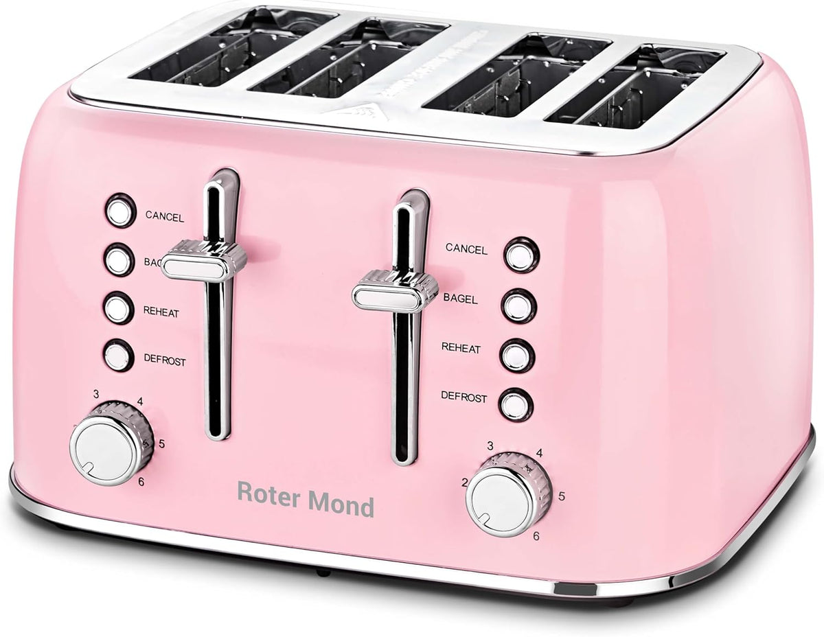 Toaster 4 Slice Retro Stainless Steel with Extra Wide Slots Bagel, Defrost, Reheat Function, Dual Independent Control Panel, Removable Crumb Tray, 6 Browning Levels, Pink