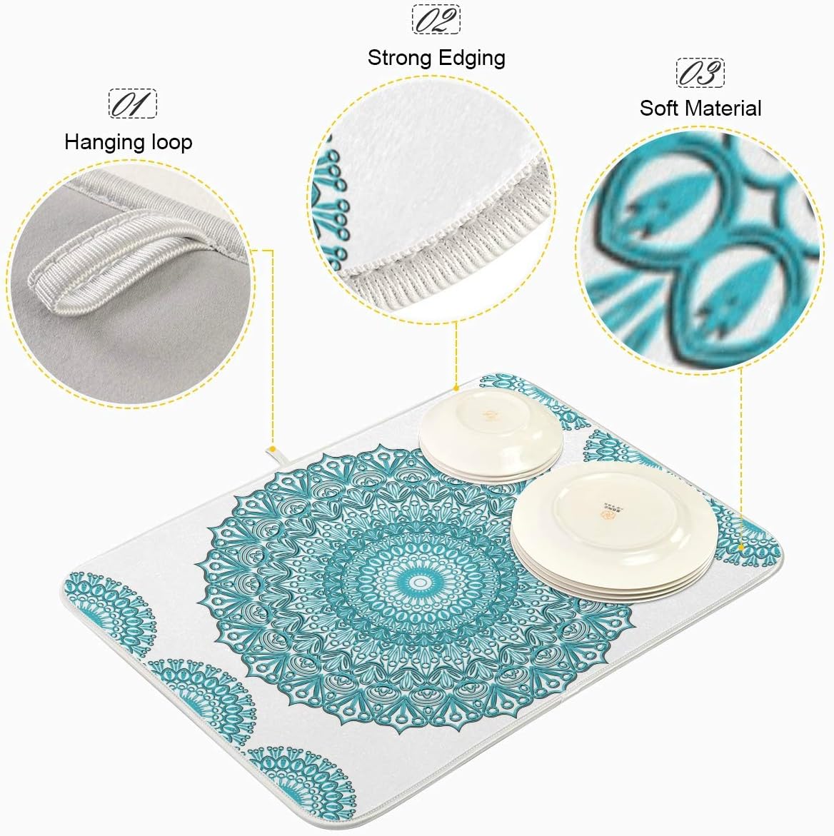 Super Absorbent Dish Drying Mat, Microfiber Fast-Drying Dish Mat, 24" x 18", Kitchen Dish Drying Pad, Boho Ethnic Turquoise Mandala
