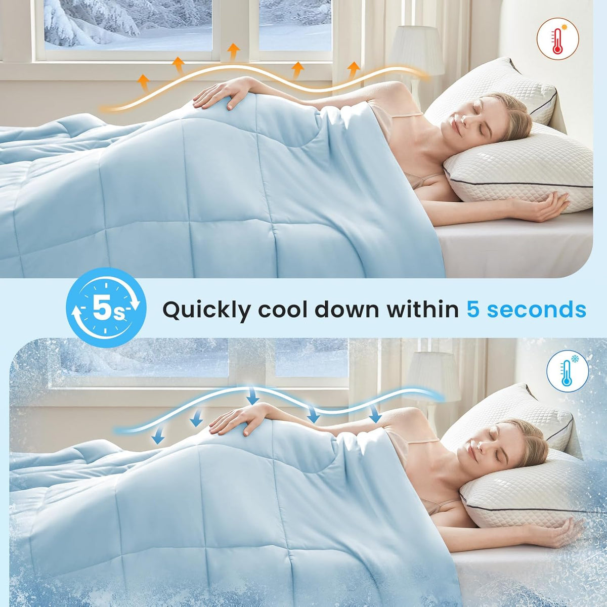 HYLEORY Cooling Comforter King Size - Summer Cooling Blanket for Hot Sleepers/Night Sweats, Double-Sided Cold Touch Silky Ice Comforters, Breathable Lightweight Beddings, Cool Blue, 108"x90"