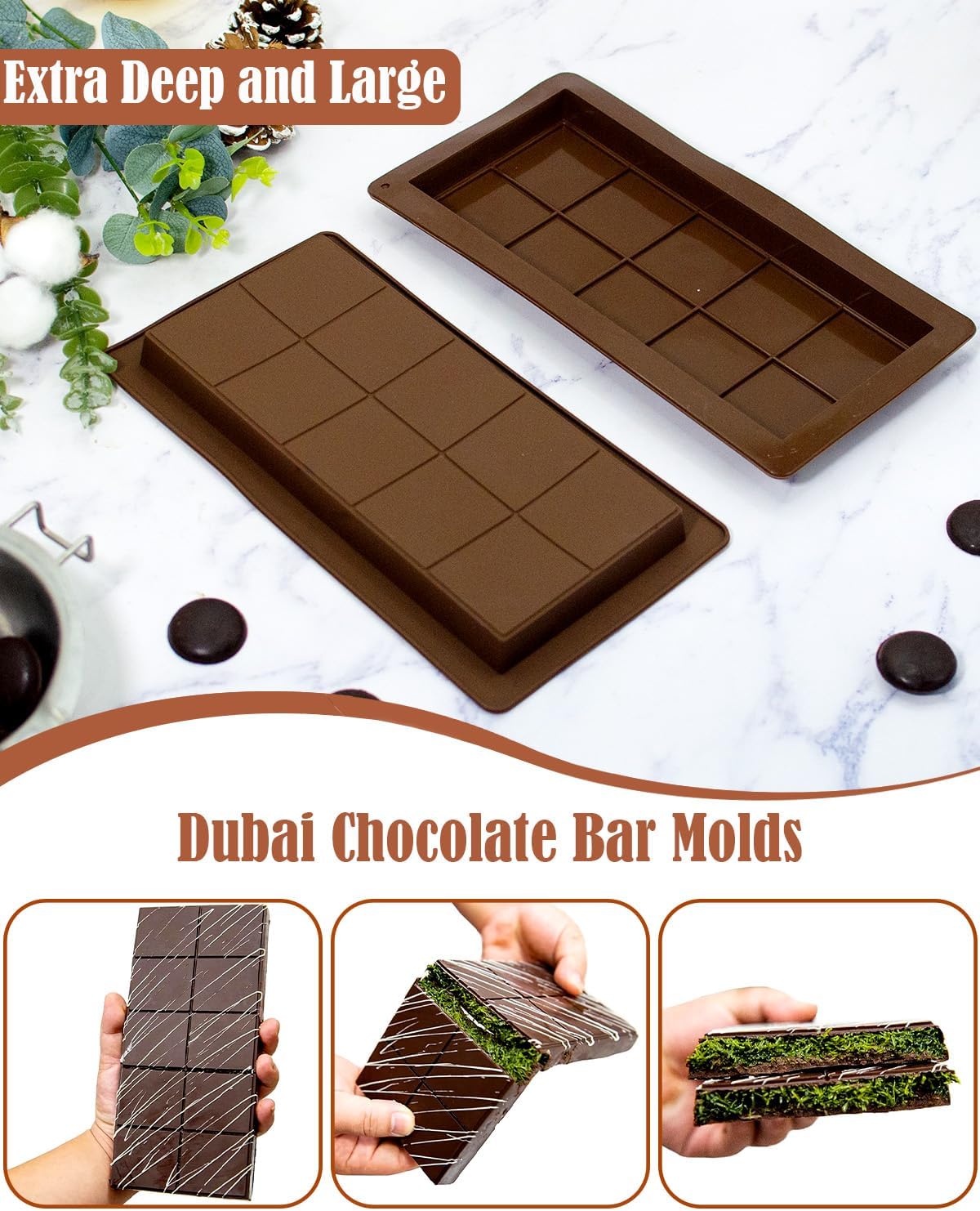 LGQUK Dubai Chocolate Bar Mold Silicone Chocolate Bar Molds, Deep Rectangular, 2 Pack, Large Size for Stuffed Bars (2PCS Deep Size)