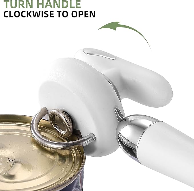 Can Opener Manual Tin Opener Stainless Steel Heavy Duty, Oversized Hand-held Easy Rotary Knob, Safe Cut Manual Can Opener with Non-Slip Handle, Smoother Cut Sharp Blade for Seniors Kitchen Tool, White