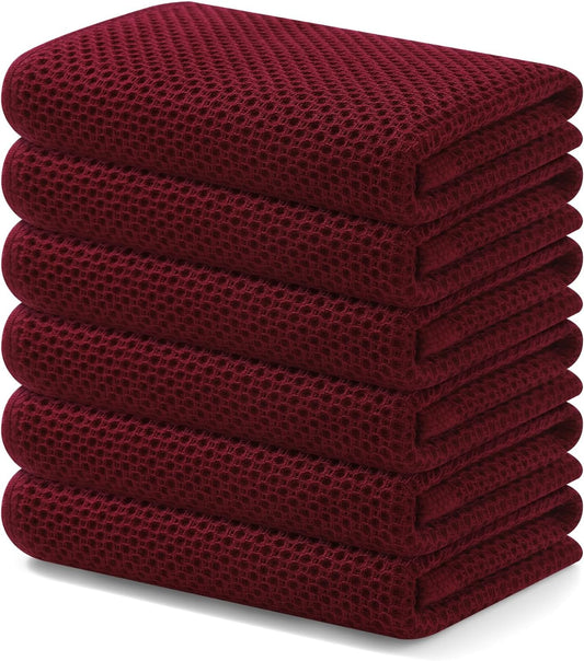 Kitinjoy 100% Cotton Waffle Weave Kitchen Towels, 6-Pack Super Soft and Absorbent Dish Towels for Drying Dishes, Kitchen Hand Towels, 13 in x 28 in, Burgundy