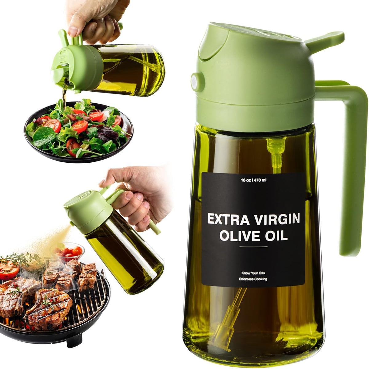 CXINYI - 16oz/470ml Olive Oil Dispenser for Kitchen with Stickers - 2 in 1 Olive Oil Sprayer for Cooking, Air Fryer, and Salad, Green (Light-Proof Kitchen Gadget)