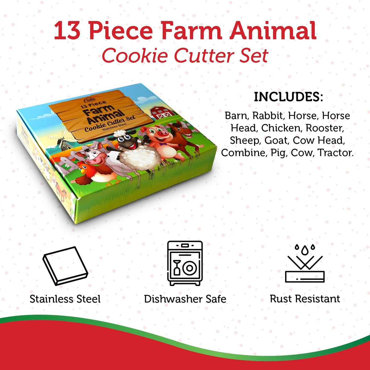 Farm Animal Cookie Cutter Set, 13 Piece Set, Premium Food Grade Stainless Steel, Dishwasher Safe