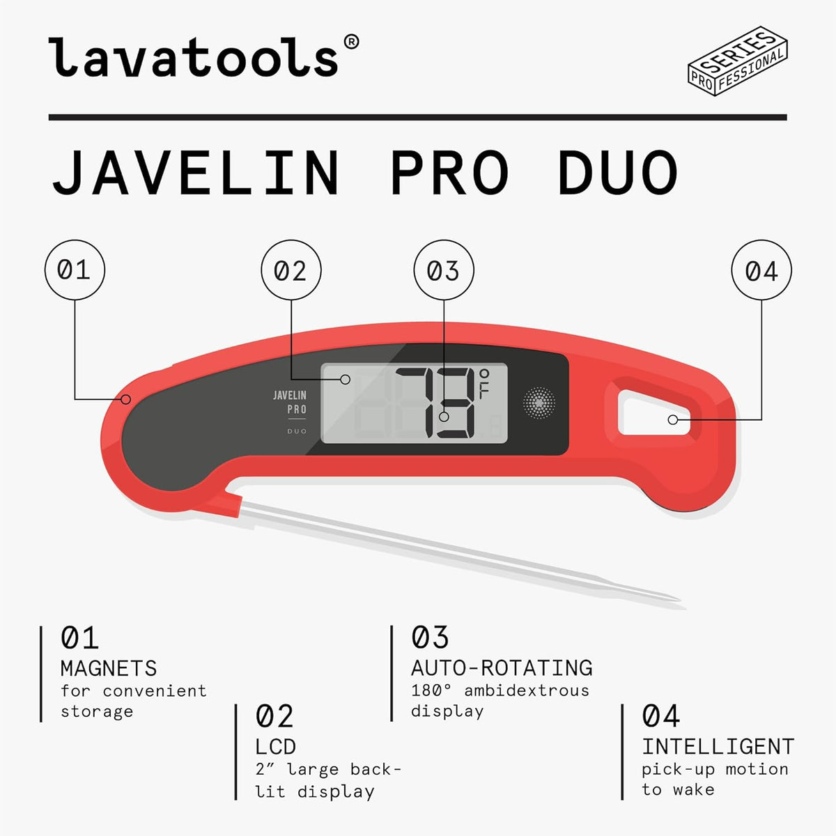Lavatools Javelin® PRO Duo Ultra-Fast 2-Second Professional Digital Instant Read Meat Thermometer for Grill and Cooking, Auto-Rotating Backlit Display, IP65 Water Resistant, NSF Certified – Sambal