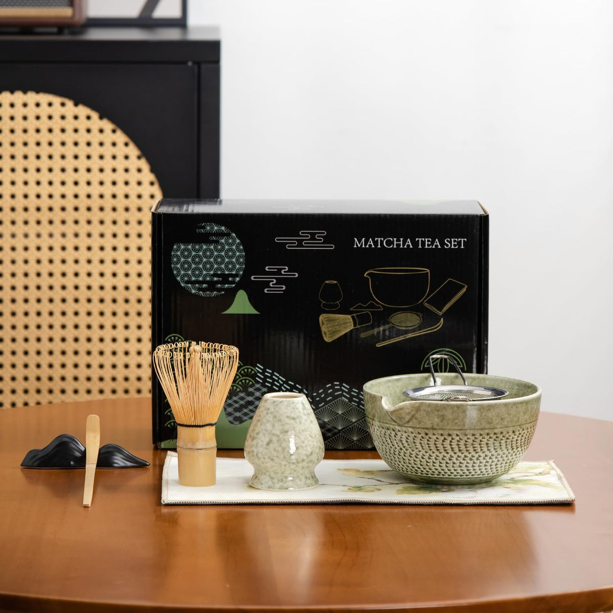 Japanese Matcha Ceremony Accessory, Matcha Whisk, Traditional Scoop (Chashaku), Tea Spoon, Whisk Holder, 1 tea bowl, 1 tea siev, The Perfect Set to Prepare a Traditional Cup of Matcha.