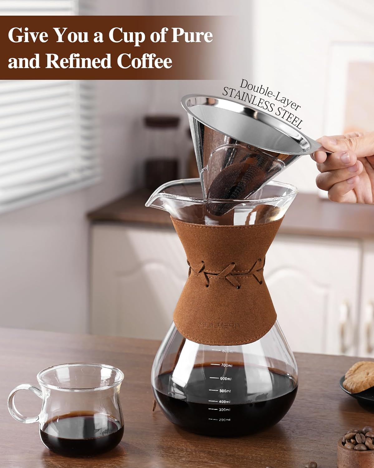 Pour Over Coffee Maker with Double-Layer Stainless Steel Filter - 27 oz Pour Over Coffee Dripper with Leather Collar, Heat Resistant 5 Cups Glass Coffee Carafe with Cork Lid for Hand Brewing Lovers