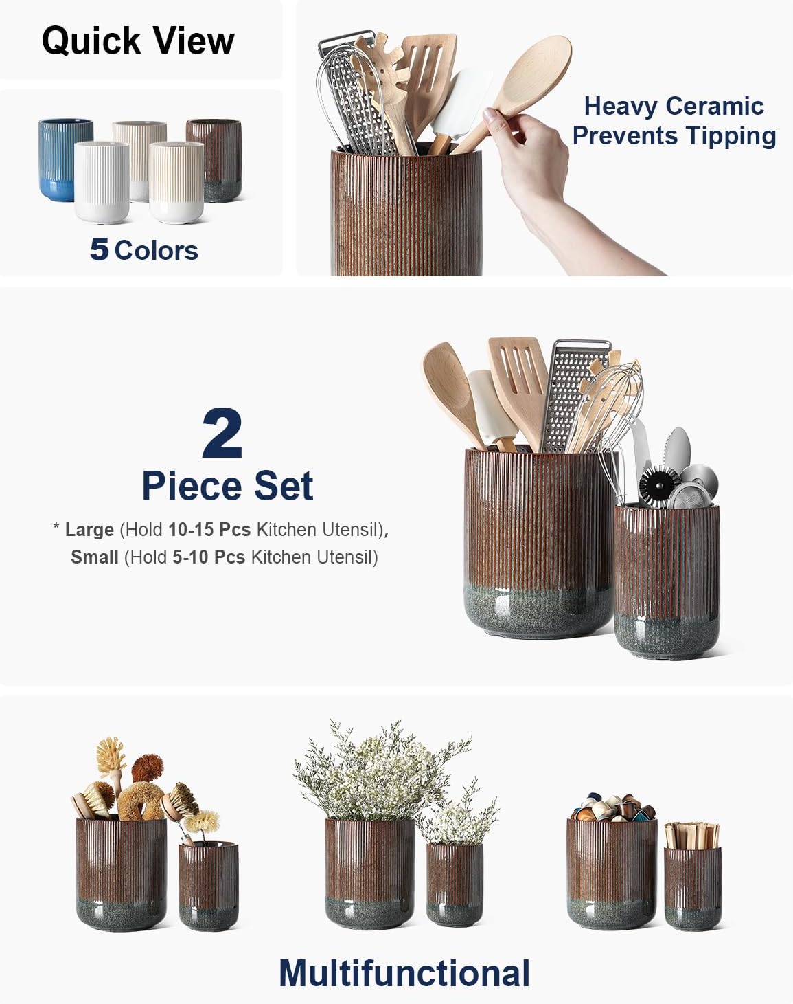 LE TAUCI Utensil Holder, 7.3"+5.4" Ceramic Kitchen Utensil Holder for Countertop, Black Cooking Utensil Crocks for Kitchen Counter, Morden Utensil Organizer for Spatula, Set of 2, Marble Dark Olive
