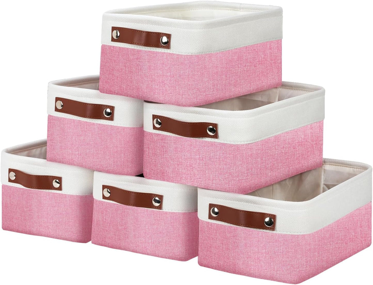 DULLEMELO Small Storage Baskets 6 Pack, Fabric Collapsible Gift Storage Baskets for Shelves, Closets, Nursery, Home, Office Organizing,Small Canvas Linen Rectangular Storage Bins (6-Pack, White&Pink)