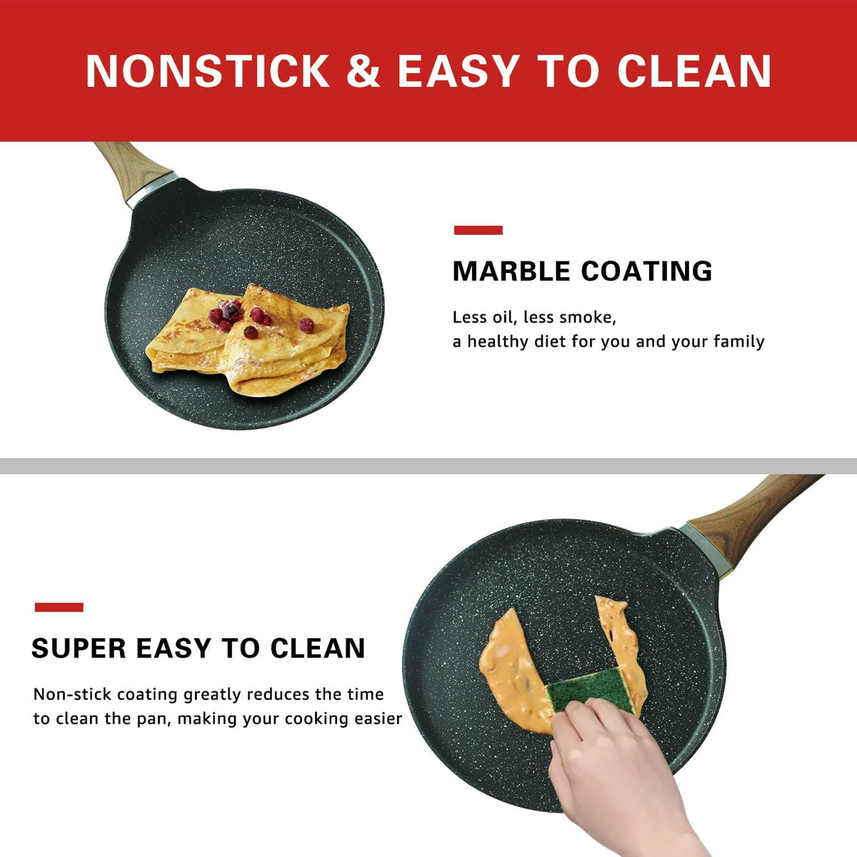 Nonstick Crepe Pan, 8.5 Inch Griddle Pan, Fry Pans for Cooking Eggs, Omelettes, and More - Non-Stick Marble Coating Skillet Induction Compatible
