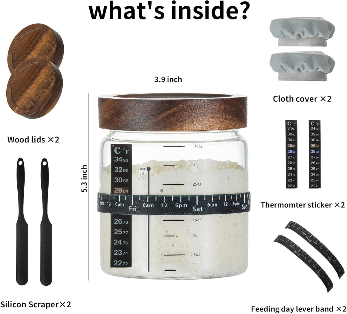Wissy&Konny Sourdough Starter Jar 2Pack 35OZ with Ounce Scale Line,Date Marked Feeding Band, Thermometer, Sourdough Jar Scraper, Cloth Cover & Wood Lid, Wide Mouth for Sourdough Bread Baking