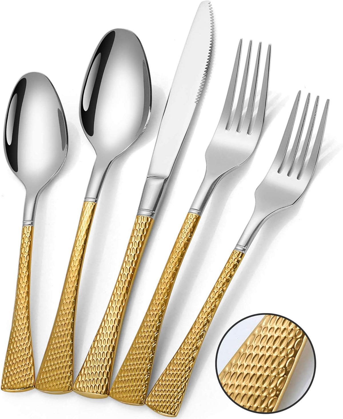 Hammered Silver Gold Silverware Set,20 Piece Modern Flatware Set Service for 4,Mirror Polished Stainless Steel Cutlery Set Utensil Set Tableware,Kitchen Knives Forks Spoons Set,Dishwasher Safe