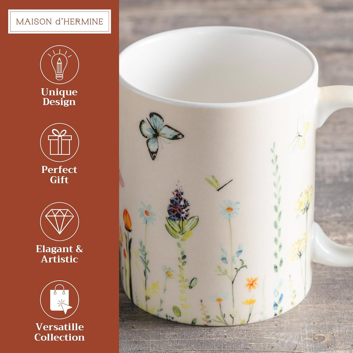 Maison d' Hermine Coffee Mug with Handles Fine Bone China Mugs Pack of One Tea Cups for Hot Beverages Cappuccino Latte Home Restaurant Office Perfect for Gift (Botanical Fresh - Meadow, 15 Ounce)