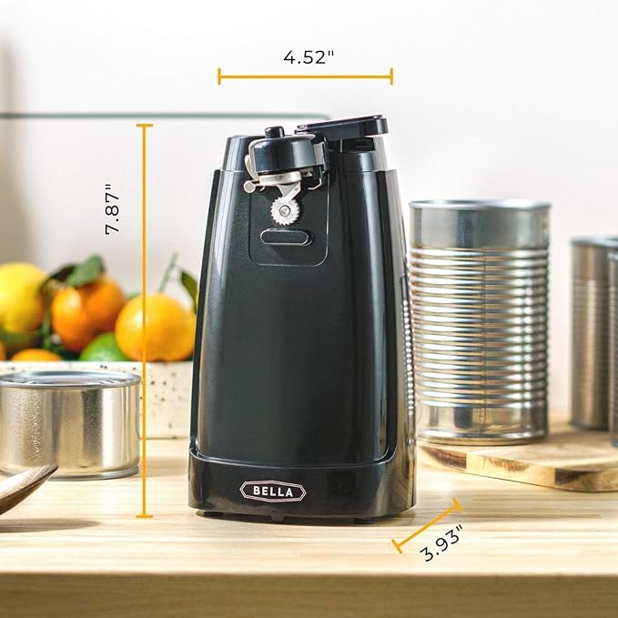BELLA Electric Can Opener and Knife Sharpener, Multifunctional Jar and Bottle Opener with Removable Cutting Lever and Cord Storage, Stainless Steel Blade, Black