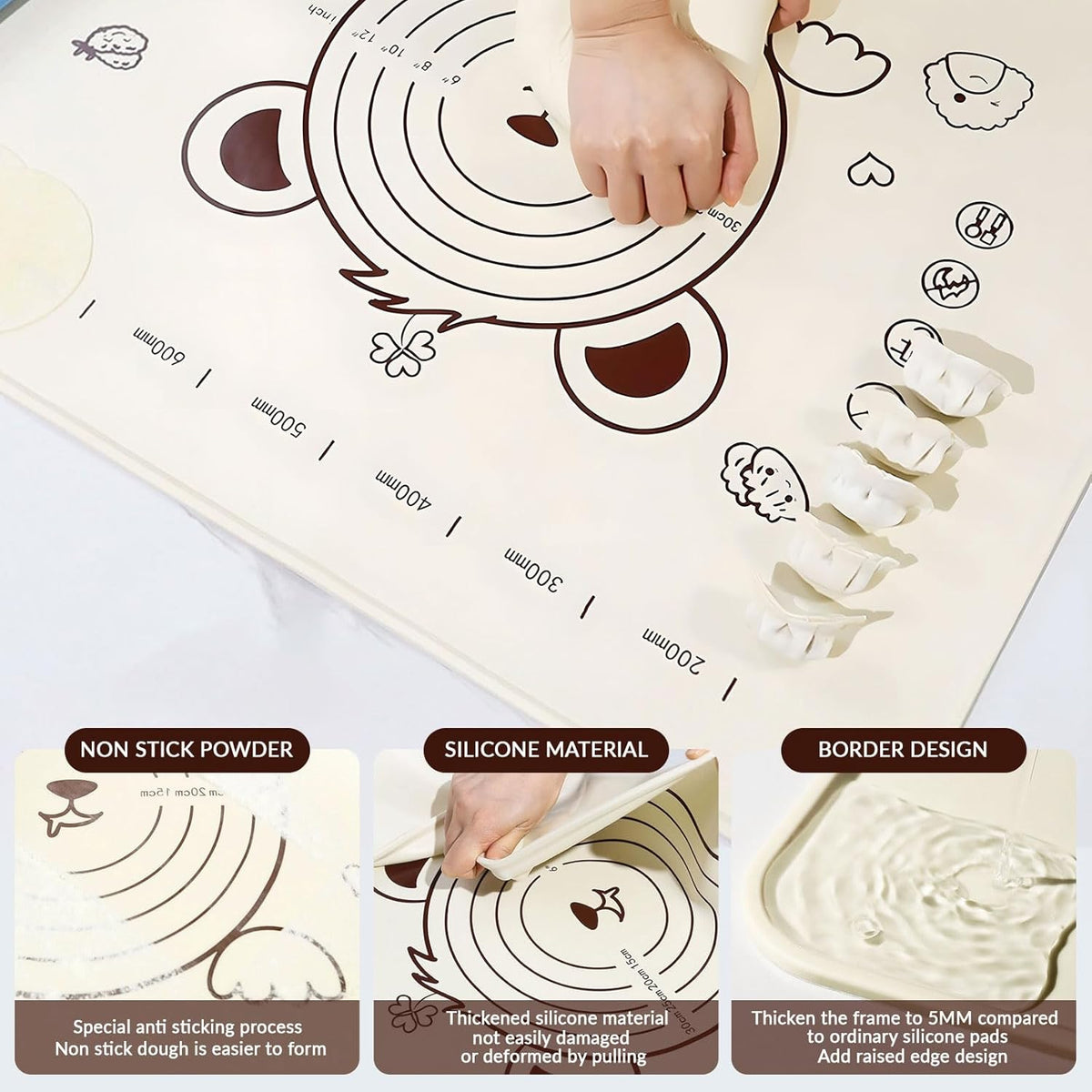Little Bear Pastry Mat Set:Silicone Pastry Mat with Cake Scraper Rolling Pin Pastry Brush for Baking (standard, count, 4)