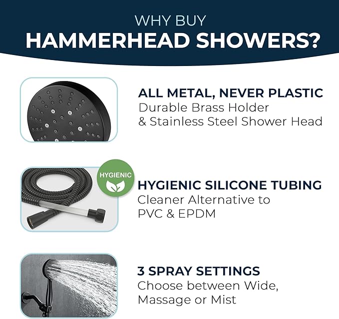 HammerHead Showers® Solid Metal 3-Spray Handheld Shower Head with Long Hose and Holder - MATTE BLACK - 2.5 GPM High Pressure Shower Head with Handheld Sprayer - WIDE, MASSAGE, and MIST Sprays