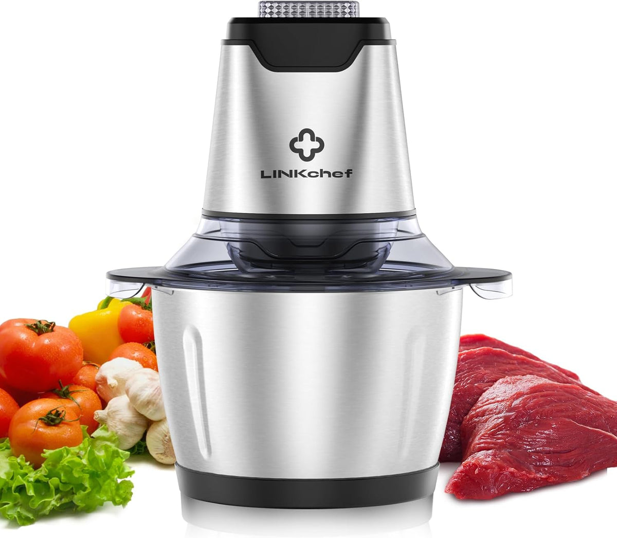 LINKChef Food Chopper, 5 Cup Food Processor Mini Electric, 1.2L 250W Meat Grinder with 4 Bi-Level Blades, Stainless Steel Mincer for Kitchen, Vegetable, Onion, Garlic, Salad, Baby Food, Fruit, Nuts