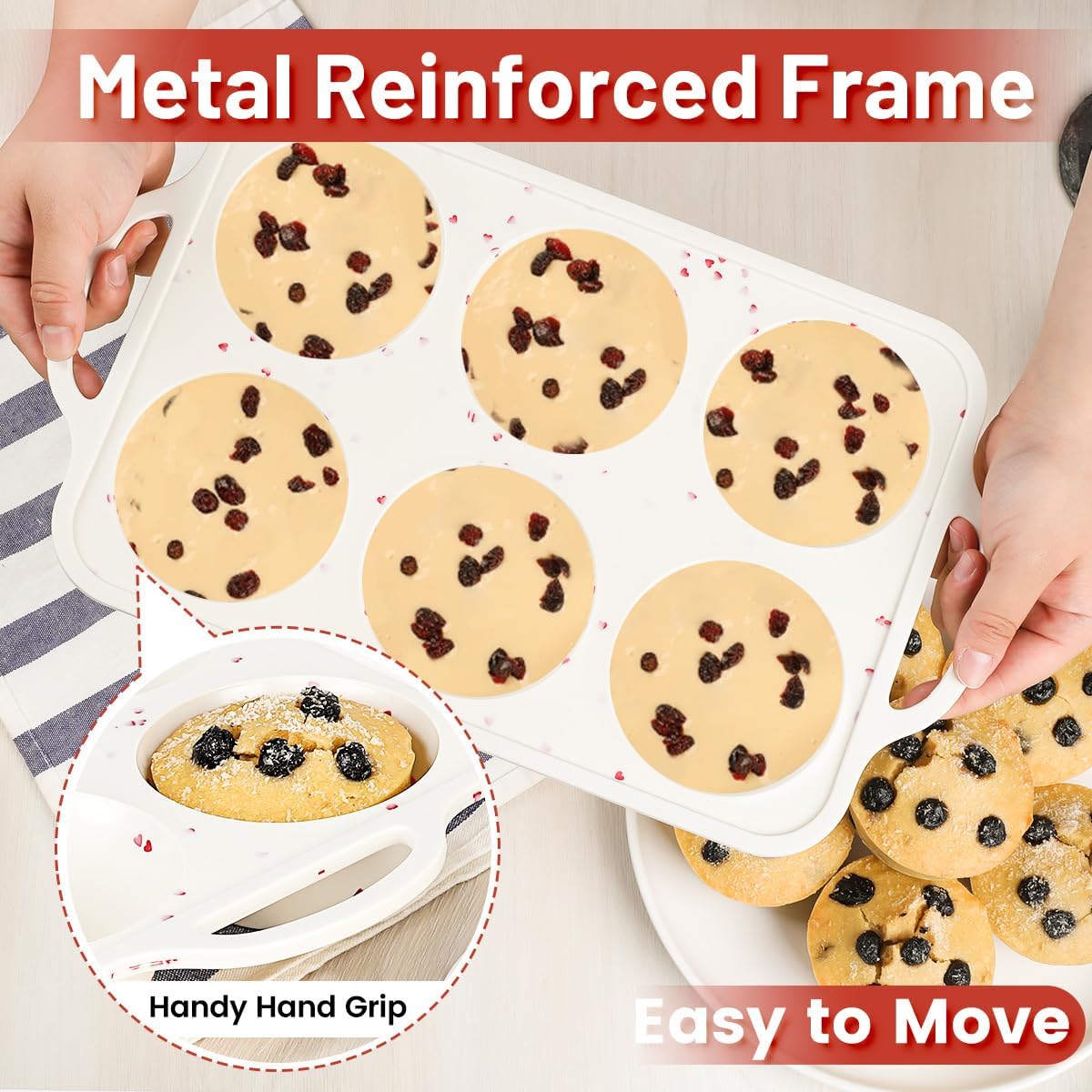 CAKETIME Large Muffin Pan, Metal Reinforced Frame 3.5 Inch Jumbo Silicone Muffin Pan Nonstick 6 Cups for Baking Jumbo Muffin, Frittatas, Cupcakes 2 Pack Love Heart