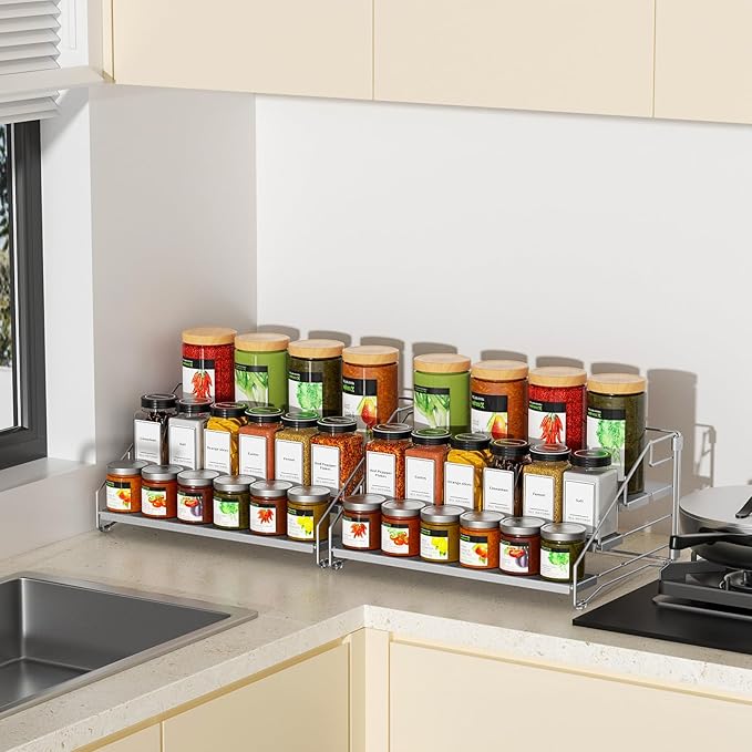 4 Tier Spice Rack Organizer for Cabinet, Spice Rack Organizer, Depth Adjustable Spice Organizer for Cabinet, Countertop, Cupboard, Pantry, Seasoning Shelf, Metal, Gray (2 Pack)