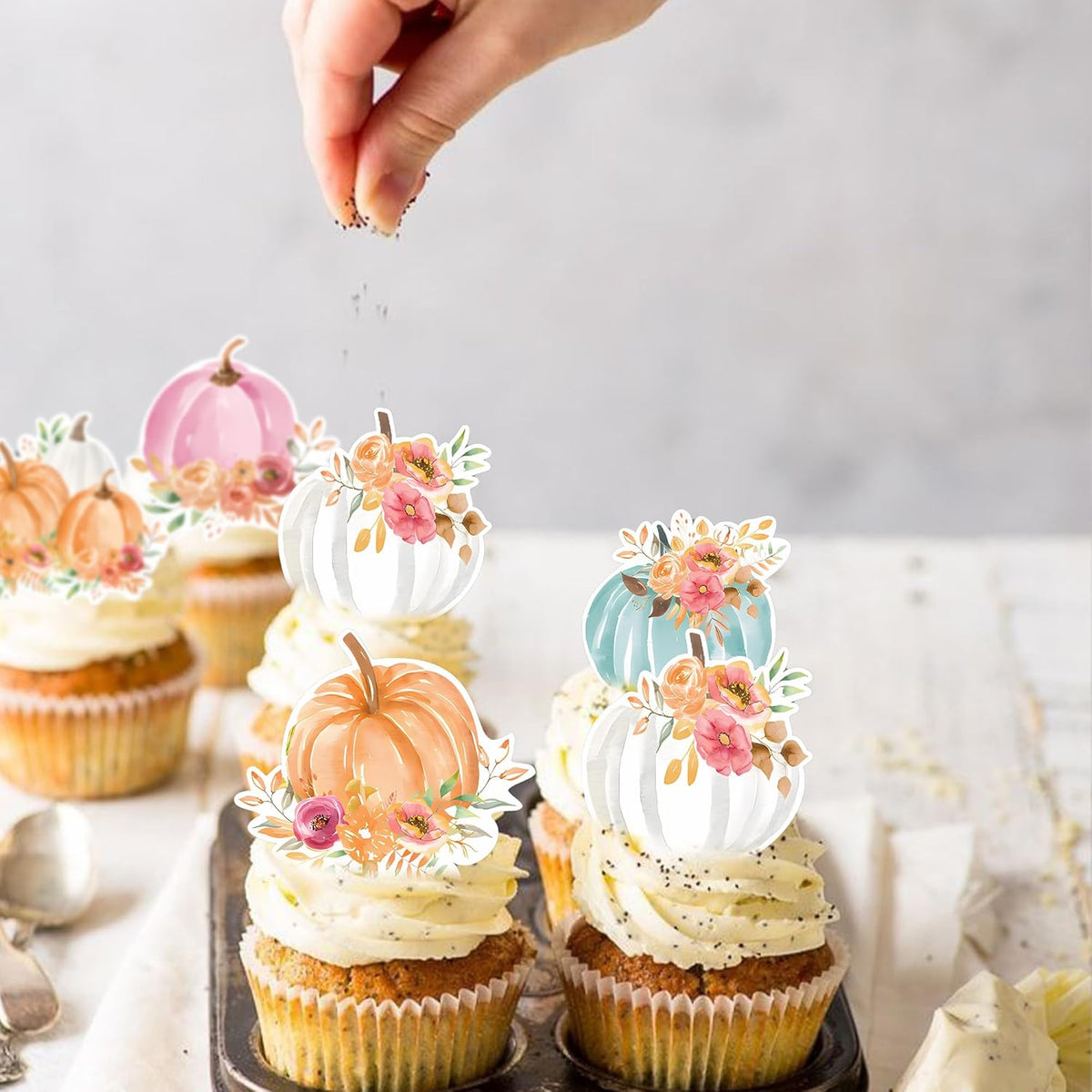 42Pcs Edible Pumpkin Cupcake Toppers Autumn Thanksgiving Theme Party Wafer Paper Flowers Pumpkin Cupcake Toppers Baby Gender Reveal Party Supplies