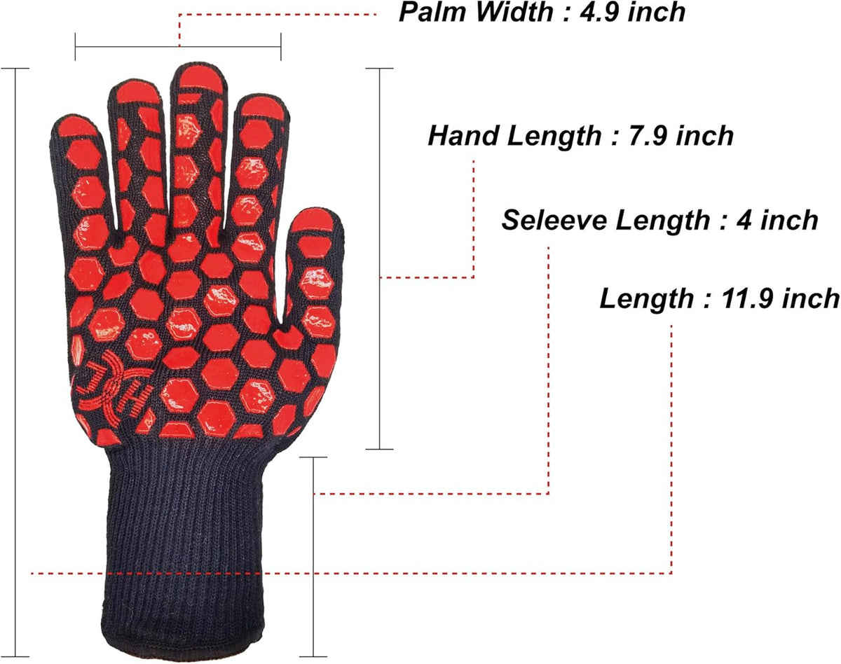 J H Heat Resistant Oven Glove:EN407 Certified 932 °F, 2 Layers Silicone Coating, Oven Mitts for Cooking, Kitchen, Fireplace,Camping, Grilling