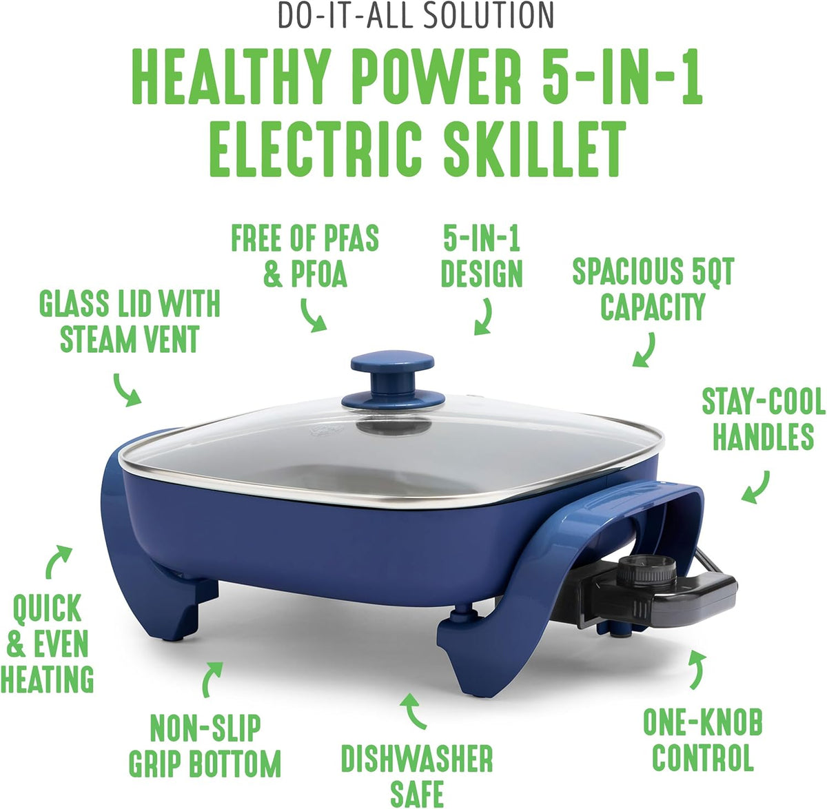 GreenLife 12" 5QT Square Electric Skillet, Glass Vented Lid, Ceramic PFAS-Free Nonstick Coated Interior, Adjustable Temperature Control, Cool Touch Handles, Quick Even Heating, Scratch Resistant, Blue