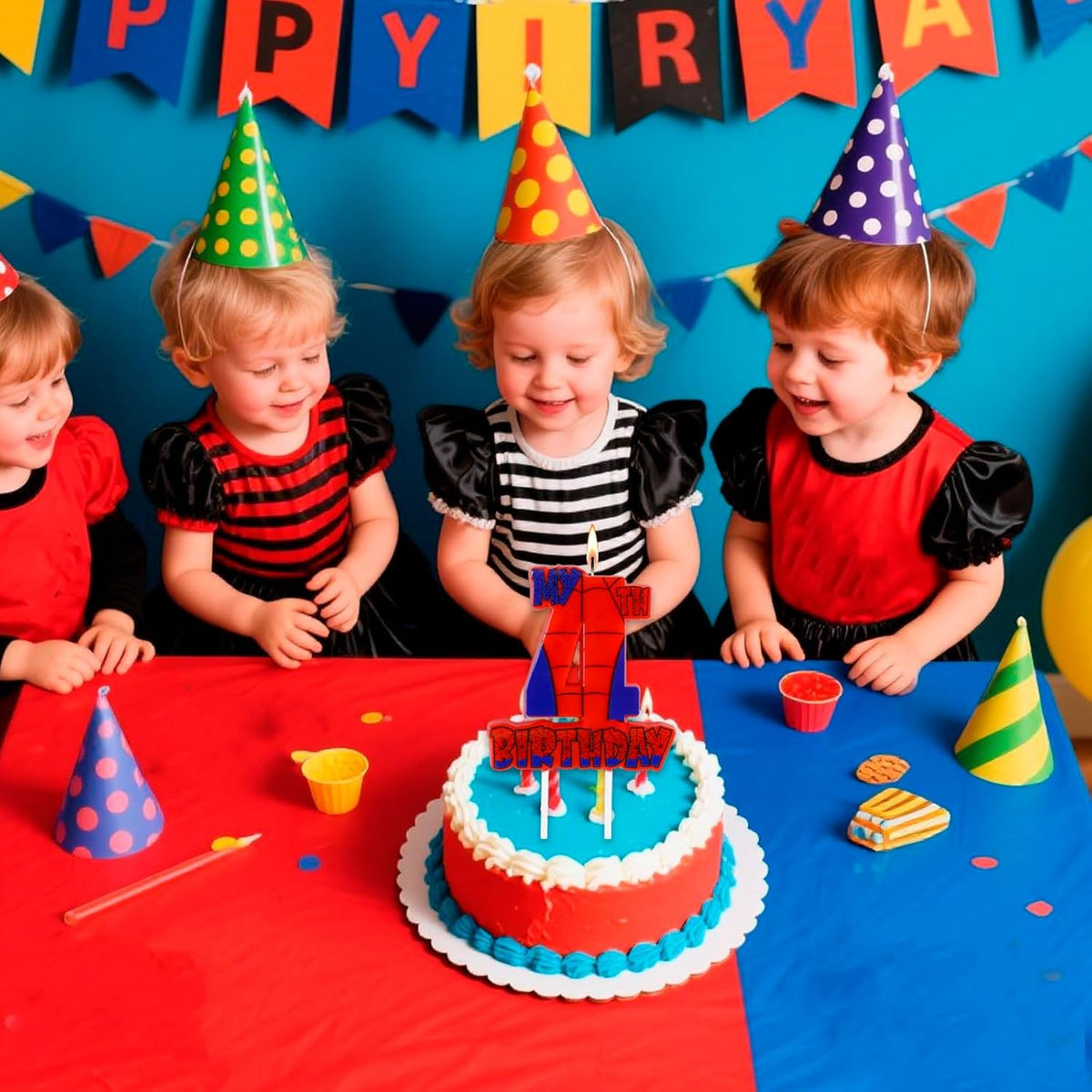 Spider Birthday Party Decorations, Number 4 Red Spider Web Happy Birthday Cake Candle for Boys Girls Spider Web 4th Birthday Party Supplies (Spider Web 4th Candle)