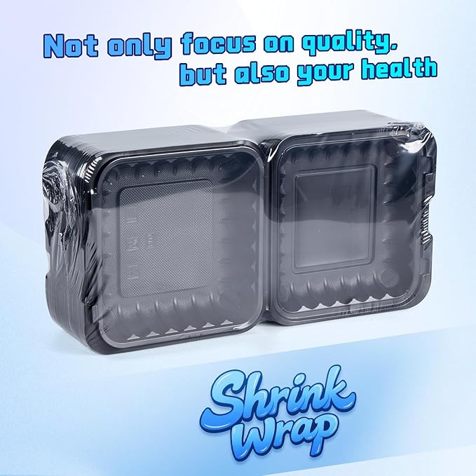 YANGRUI Takeout Containers 8 Inch 34 oz 55 Pack - Mineral Filled BPA Free Polypropylene Plastic | Shrink Wrapped Freezer & Microwave Safe | Black Reusable Hinged Clamshell Food Container