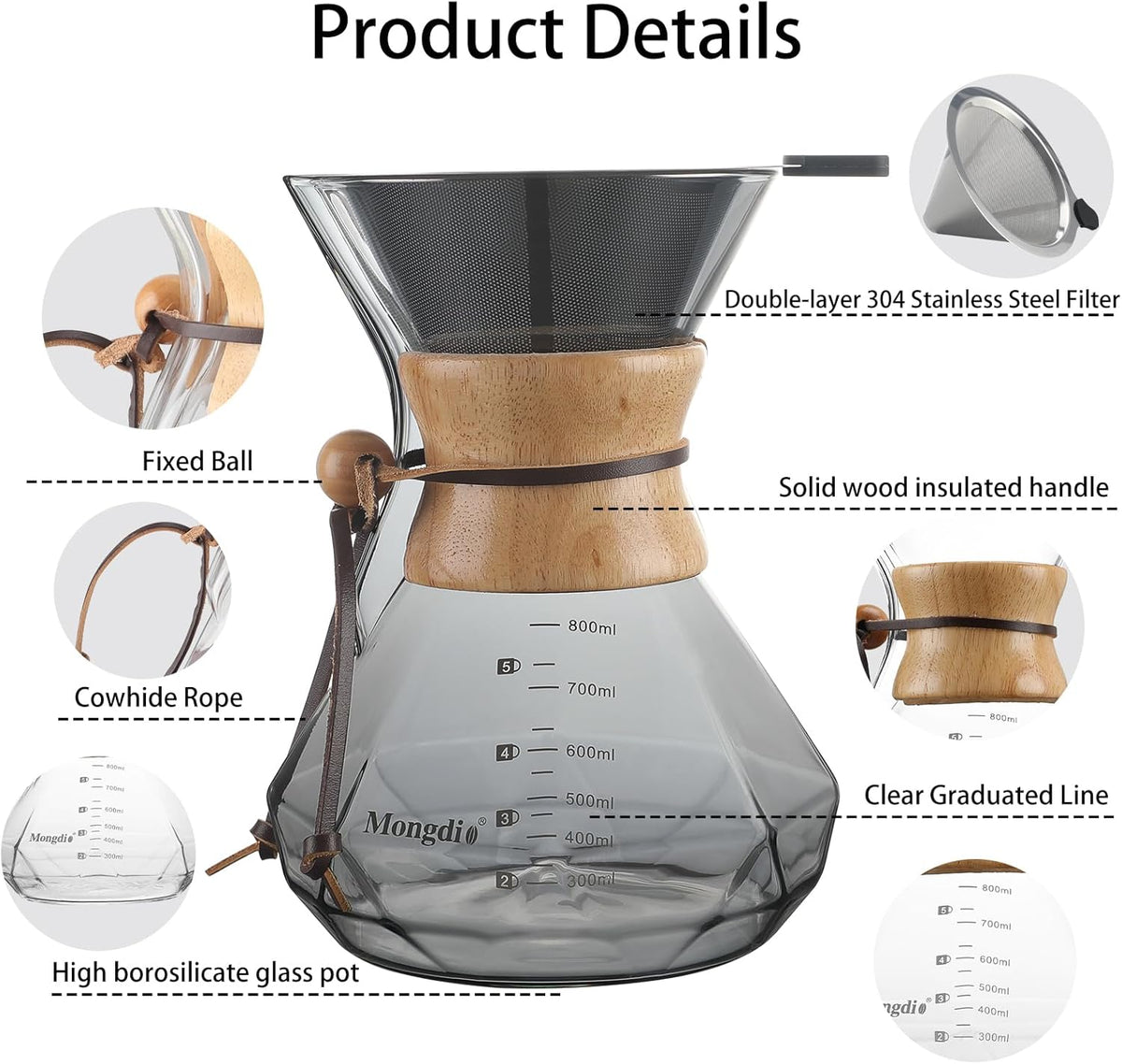 Mongdio 27 Oz Pour Over Coffee Maker with Stainless Steel Filter and Wooden Collar Holder, Borosilicate Glass Coffee Maker for Camping Home, 800ML/27OZ, Gray