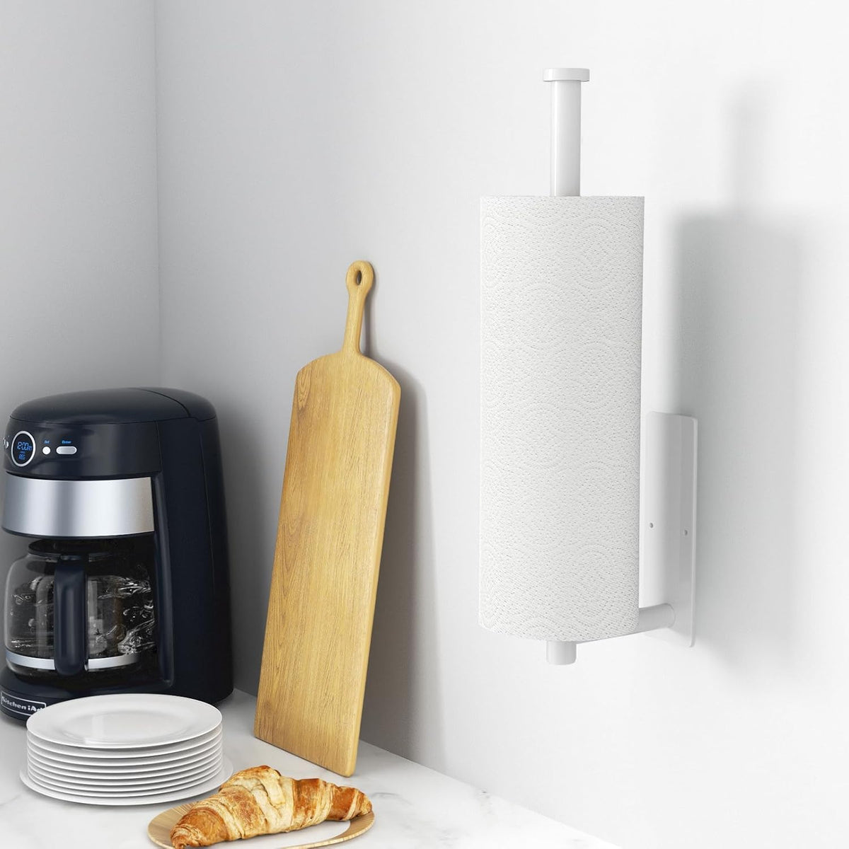 Paper Towel Holder - Self-Adhesive or Drilling, White, Wall Mounted, SUS304 Stainless Steel Kitchen Roll Dispenser Under Cabinet