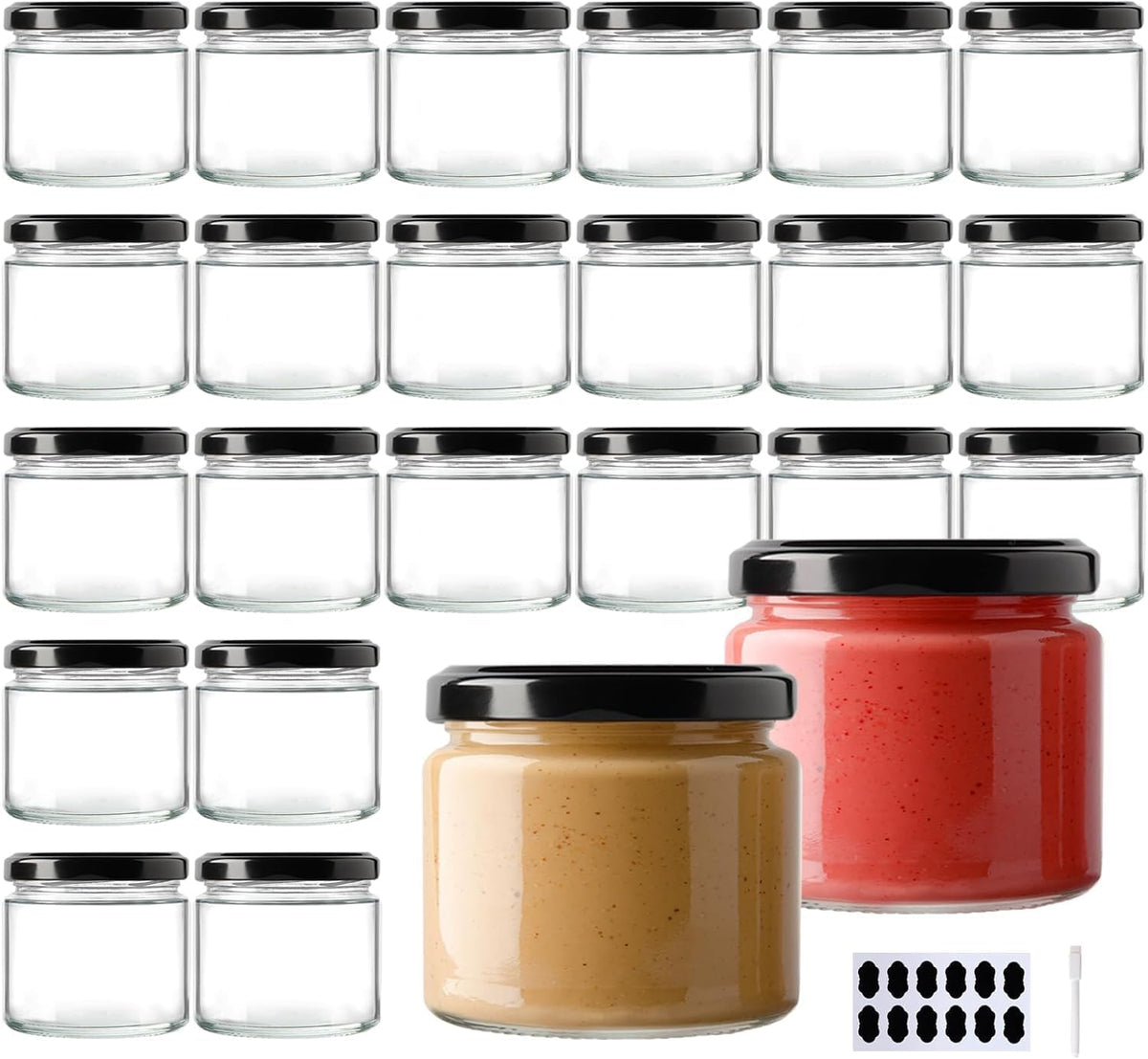 24Pack 5oz Glass Jars with Lids, 150ml Clear Small Mason Jars with 24 Stickers, Mini Canning Jar for Jam, Jelly, Honey, Pickles, Spice