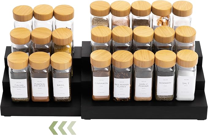 Expandable Spice Rack Organizer for Cabinet, 3-Tier Shelf for Spice Organization (11” to 22”), Fits 36 Spice Jars, Seasoning and Pantry Storage, Non-Slip Feet, 100% Bamboo, Black Finish