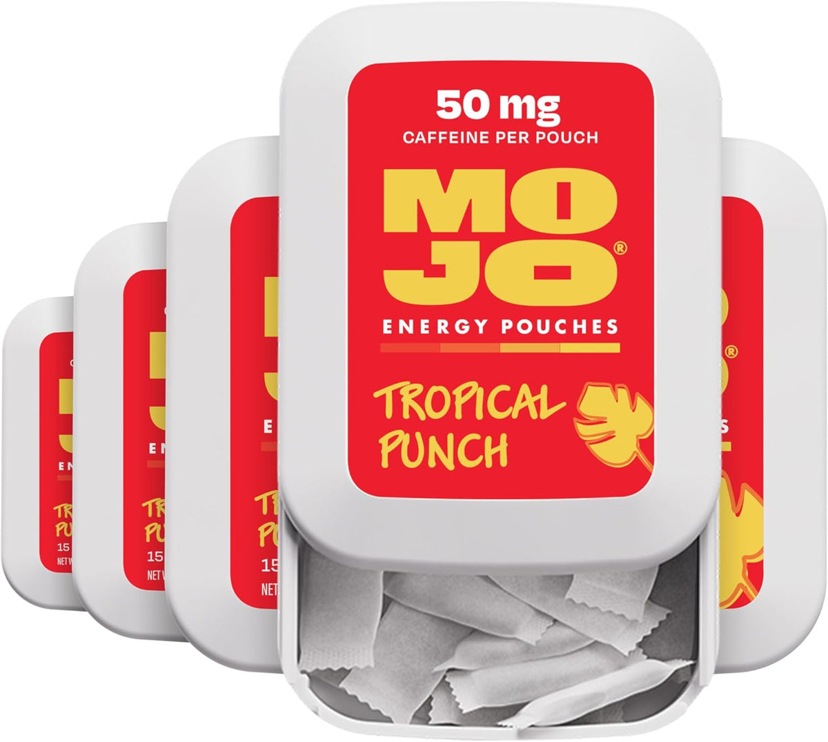 MOJO Energy Pouches, Tropical Punch Flavor, 50 mg per Caffeine Pouch, 15 Pouches, 5-Pack