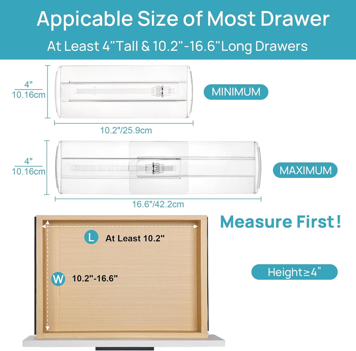 Vtopmart 4 Pack Drawer Dividers for Clothes, 4" High 10.2"-16.6" Adjustable Expandable Dresser Drawer Organizer, Clear Plastic Separators for Dresser, Baby Clothing, Underwear, Cosmetic, Toiletries