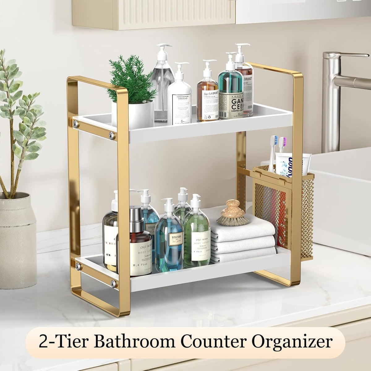 Bathroom Counter Organizer, Wood Vanity Trays with Basket, Skincare Countertop Organizers, Large Capacity Makeup and Perfume Organizer