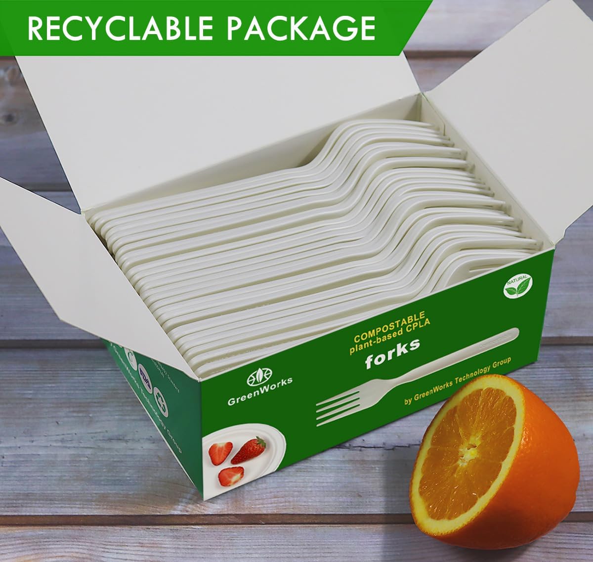 GreenWorks Heavy-duty Compostable Forks, BPI Certified 100 Count Large Disposable Cutlery Utensils Silverware Flatware Fork