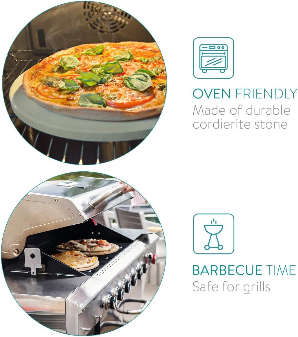 Navaris XL Pizza Stone for Baking - Cordierite Pizza Stone Plate for BBQ Grill Oven - Cook Serve Pizza, Bread - Incl. Recipe Book - Round, 12" x 0.6"