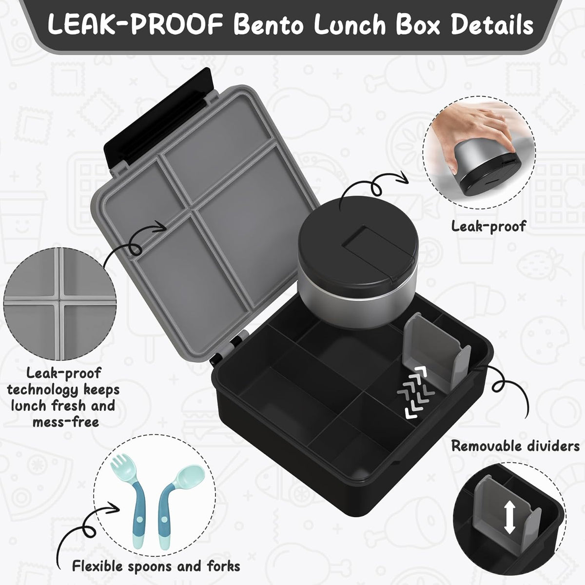 Bento Lunch Box with 8oz Soup Thermo, Leak-Proof Lunch Containers with 4 Compartment, Thermo Hot Food Jar and Insulated Lunch Box for School Black