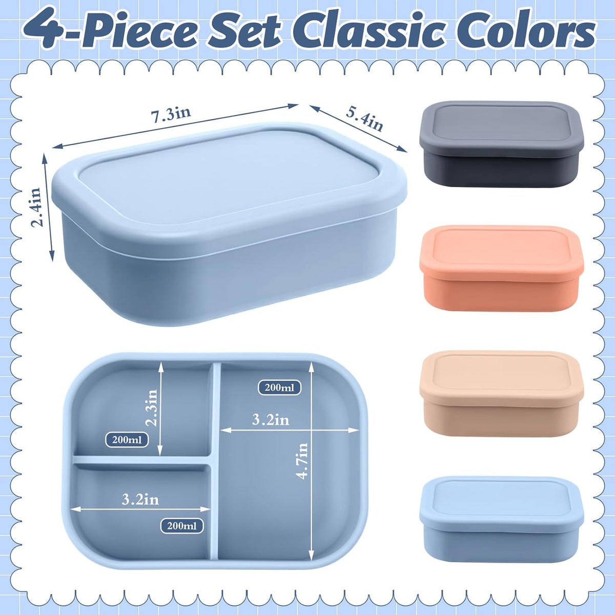 Honeydak 4 Pcs Silicone Bento Lunch Box 3 Compartment Reusable Leakproof Silicone Bento Lunch Container for Adults Microwave Dishwasher Freezer Safe(Grey,Blue,Khaki, Orange)