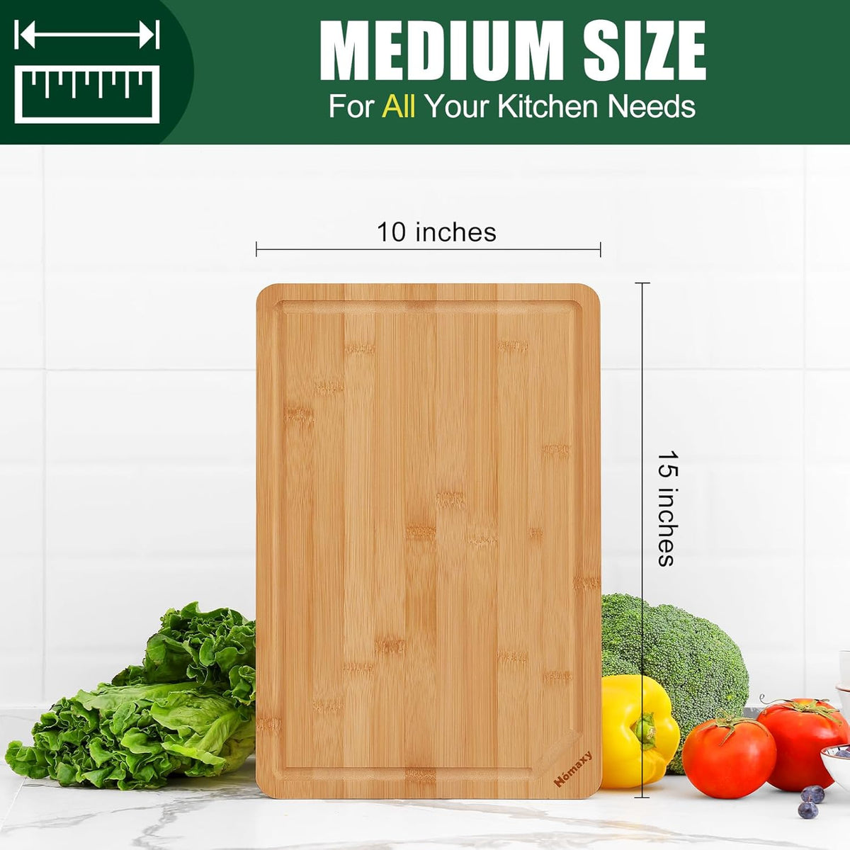 Homaxy Organic Bamboo Cutting Boards for Kitchen, 15"x10" Wooden Medium Cutting Board with Juice Groove and Handles, Charcuterie Butcher Block Wood Serving & Chopping Board - Pre Oiled