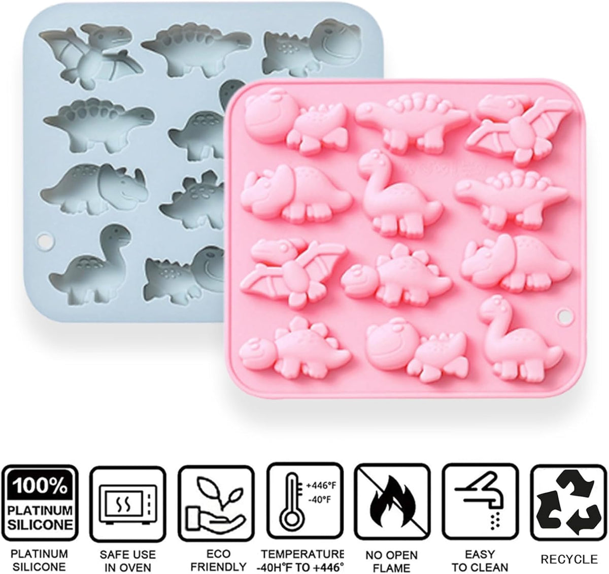 Dinosaur Silicone Molds, 12-Cavity Different Shape Dinosaur Chocolate Molds for Make Chocolate, Candy, Jelly, Ice Cube, Dog Treats, Resin Crafts (Set of 2 PCS)