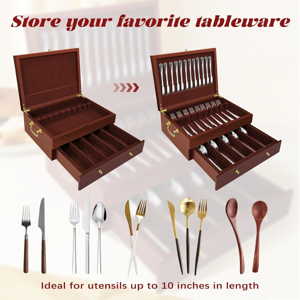 Silverware Storage Box Solid Wood with Lid, 2 Layer Silverware Storage Chest, 15.5'' ×11.5'' Silverware Organizer with Handle and Felt Lined, Chest for Flatware Setting Up 30