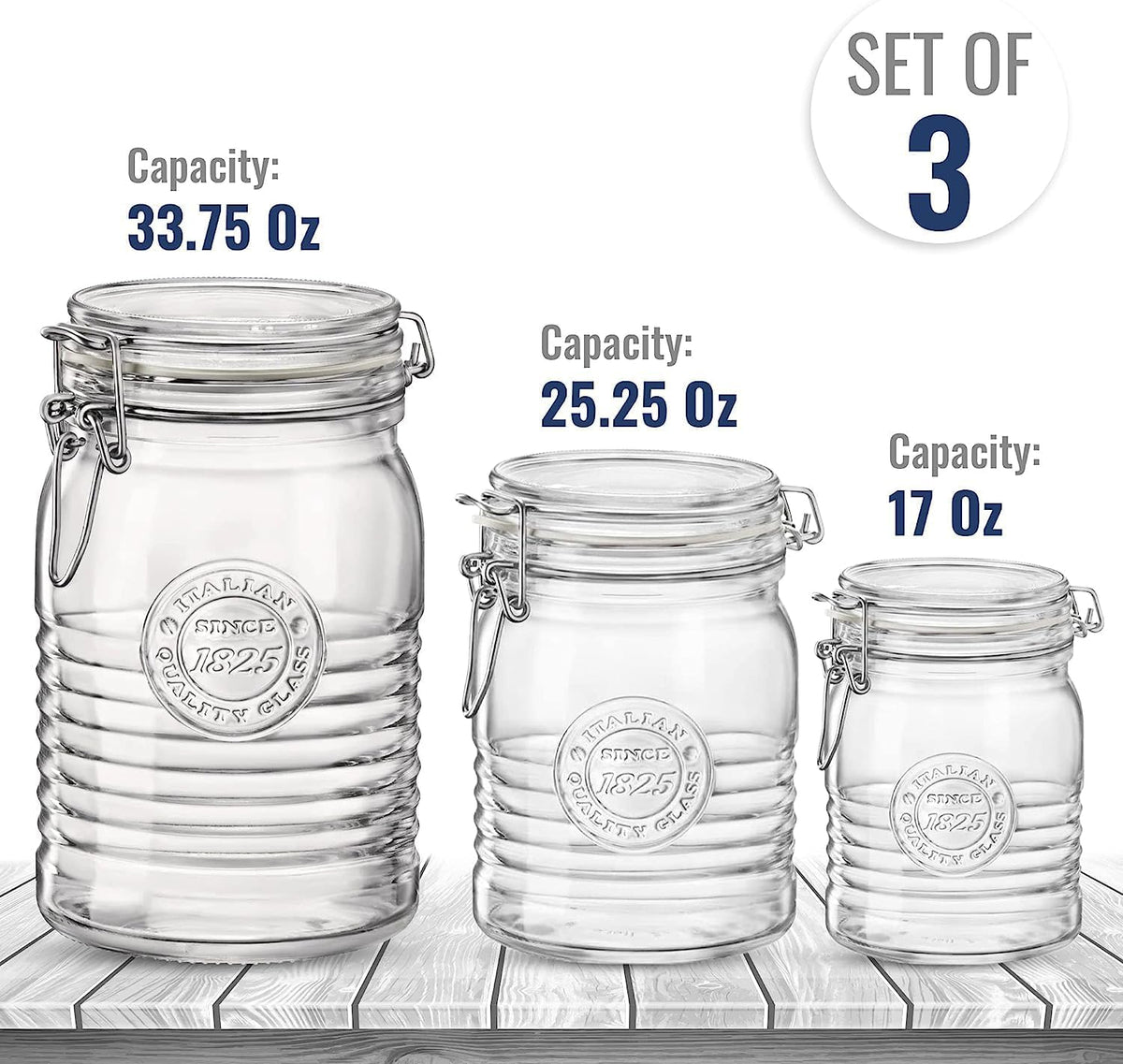 Bormioli Rocco Officina 1825, Set of 3 - Clear Glass Jars with Swing Top - Vintage Industrial Style Airtight Containers for Dry Food Storage, 33.75 Oz, 25.25 Oz, 17 Oz - Dishwasher Safe, Made in Italy