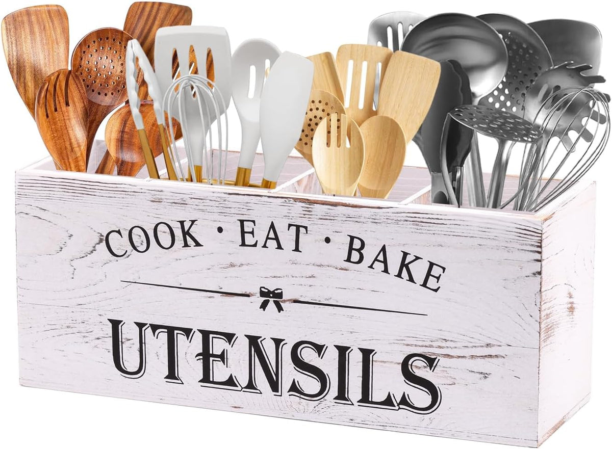 Kitchen Utensil Holder for Counter or Countertop, Extra Large Wood Organizer with 4 Compartments, Wooden Storage for Cooking and Silverware, Rustic Minimalist Decor, Sturdy Utensil Crock-White