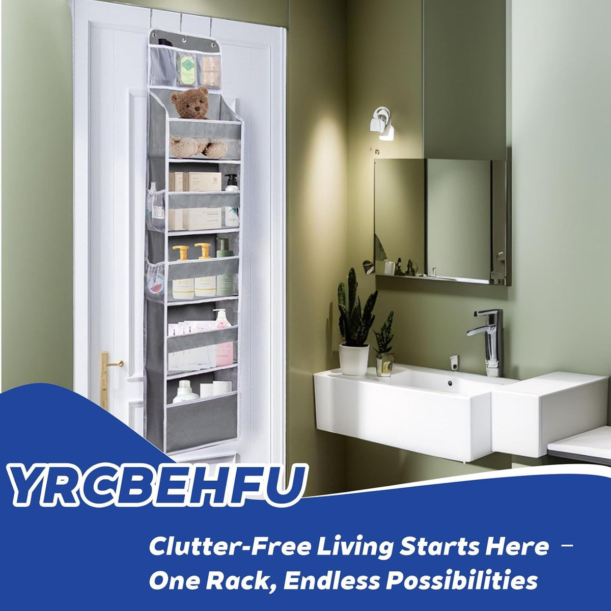 Over The Door Organizer - 6 Capacity Large Pockets & 7 Mesh Compartments, Anti-Tilt Design Holds 44 lbs, for Bathroom, Nursery, Dorm, Pantry & Laundry Storage (Light Grey)