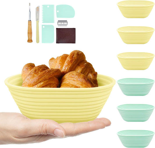 Silicone Banneton, Sourdough Bread Baskets (Set of 6, 6.5 Inch), Oval Proofing Bread Bowls with Starter Kit, Bread Making Baking Supplies